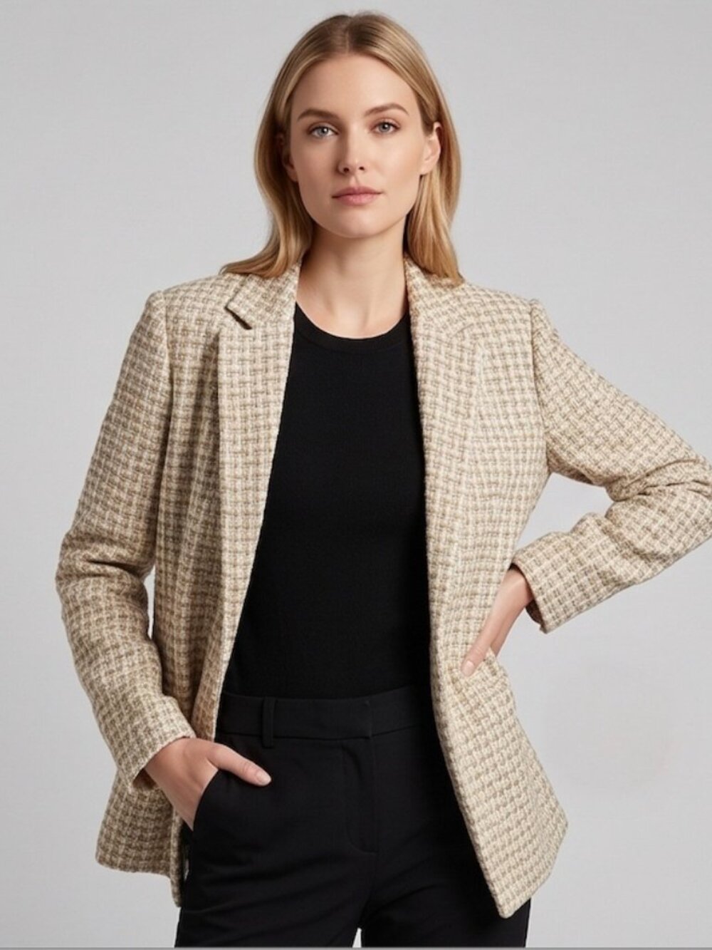 Talbots Textured Tweed Open Front Blazer Jacket | Gold | Size 12
